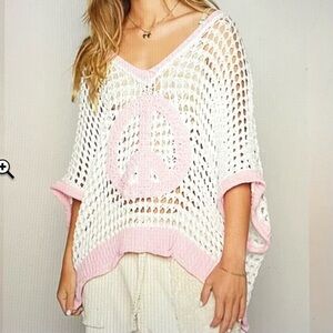 POL Pink and White Crochet Peace Sign Sweater sz M